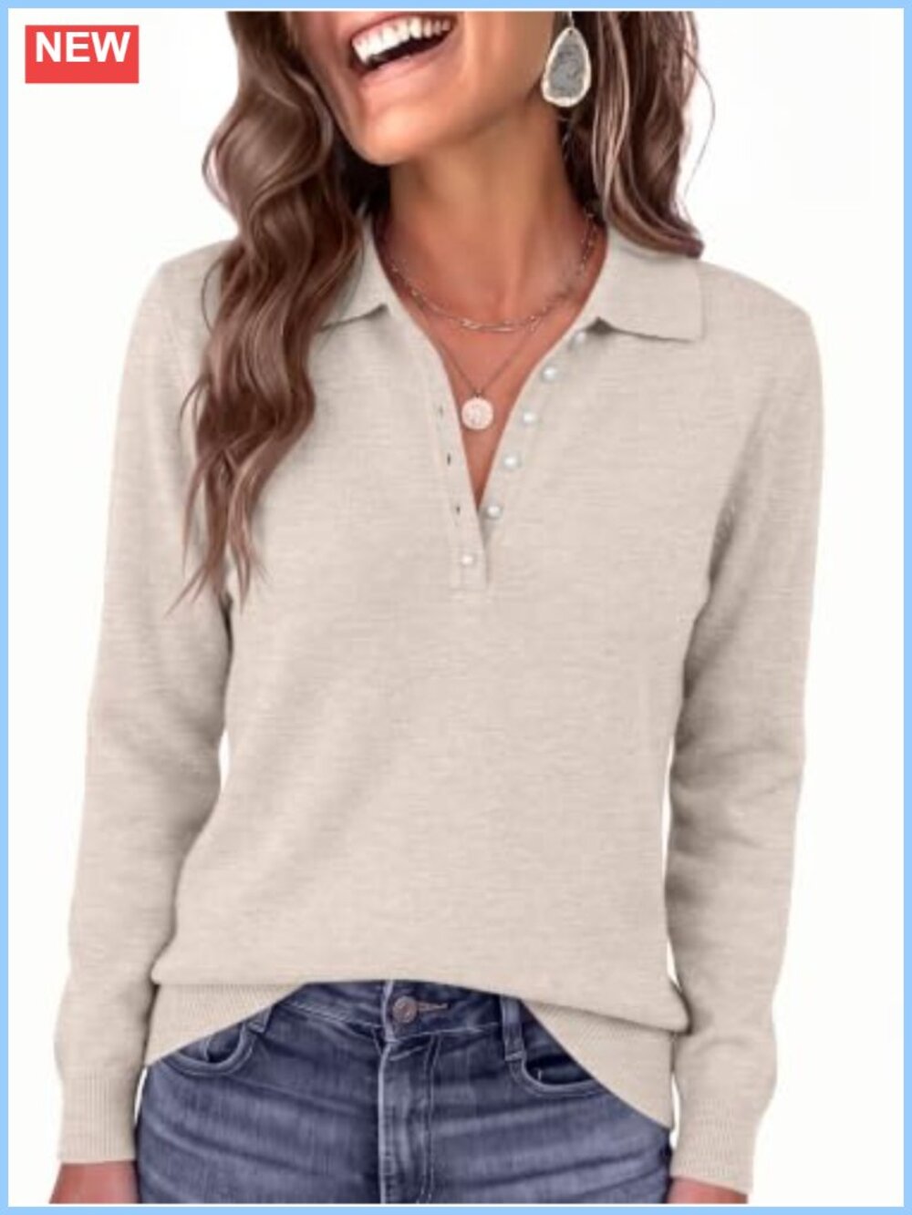 Long Sleeve Polo Sweater with Pearl Buttons Lightweight Knit Pullover for Women